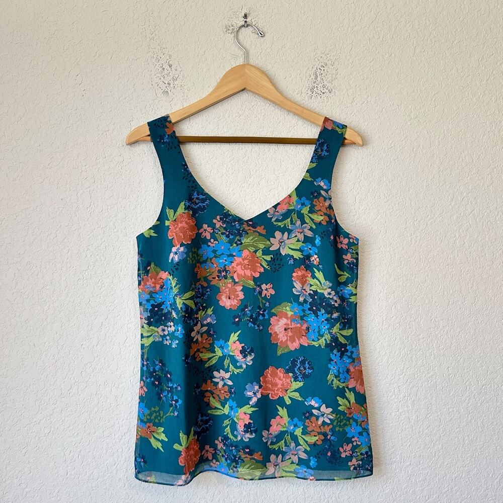 CABI Still Life Top Multicolor Floral V-Neck Lined Sheer Cami Tank Boho